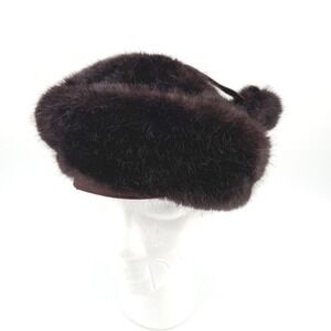 Vintage Jacoll Faux Fur Hat Dark Brown Pillbox Style Pom Poms Made in England